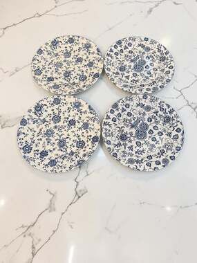 4 Royal Wessex Jacobean 10” Blue and White Floral Ironstone 10” Dessert Plates